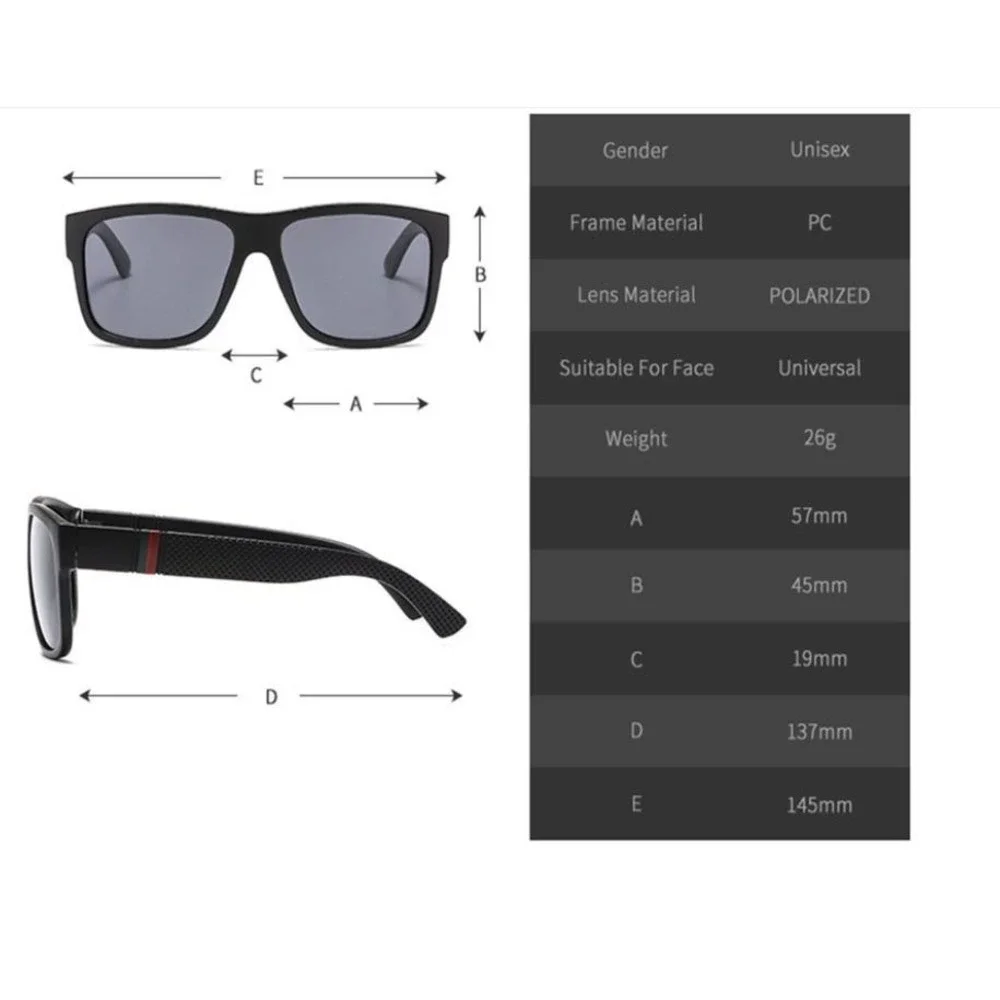 Mens Black Polarized Sunglasses Square Frame Red Green Stripe Detail Performance